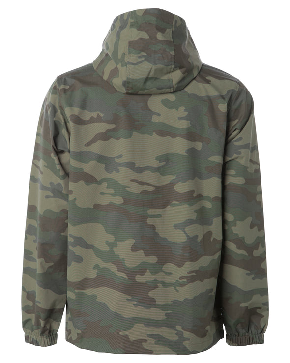 Back of a green camouflage rain jacket with a hood.
