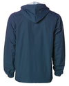 Back of a navy blue nylon coach's jacket with a hood.