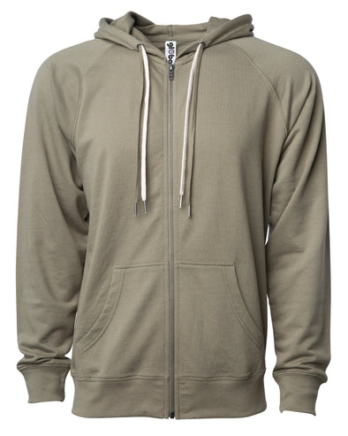 Front of an olive green french terry zip-up hoodie with a kangaroo pocket and two drawstrings.