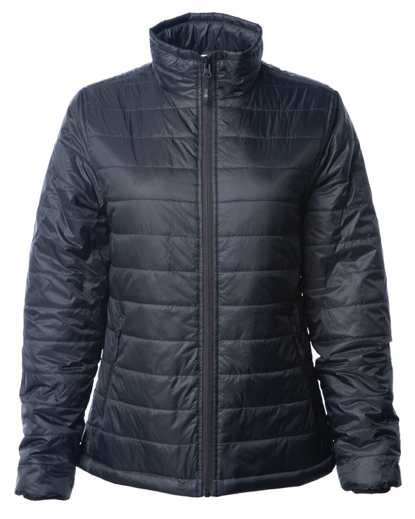 Front of a woman's black puffer jacket.