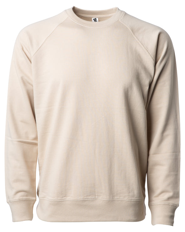 Front of a beige french terry long sleeve crew neck sweater.