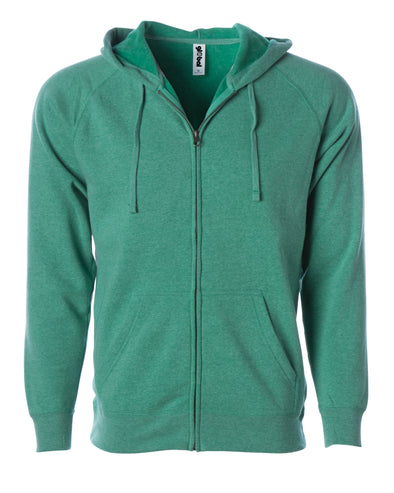 Front of a fleece sea green zip-up hoodie with front pockets and a drawstring.