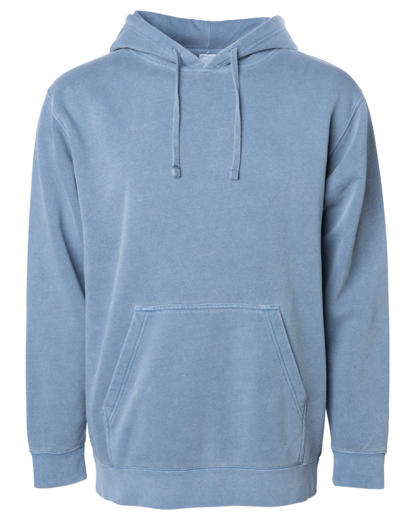 Front of a pastel blue pullover hoodie with a kangaroo pocket.