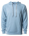 Front of a light blue french terry pullover hoodie with a kangaroo pocket and two drawstrings.