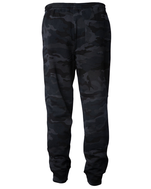 Back of black camouflage sweatpants with black drawstring waistband, cuffed ankles, and one back pocket.
