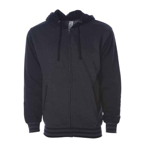 Front of a varsity style hoodie with a charcoal gray body and black sleeves and hood.