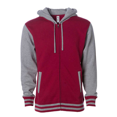 Front of a varsity style hoodie with a red body and gray sleeves and hood.