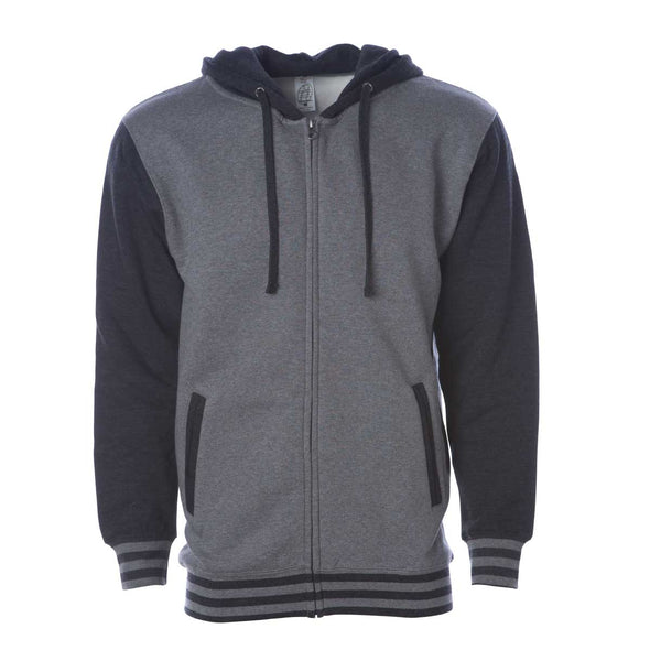 Front of a varsity style hoodie with a light gray body and charcoal gray sleeves and hood.