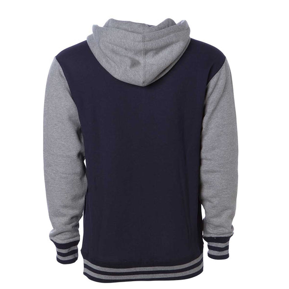 Back of a varsity style hoodie with a navy body and gray sleeves and hood.