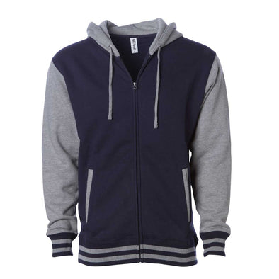 Front of a varsity style hoodie with a navy body and gray sleeves and hood.