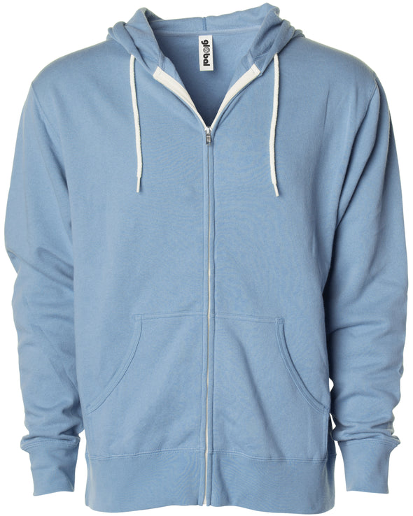 Front of a light blue zip-up fleece hoodie with front pockets and a white drawstring.