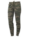Front of green camouflage sweatpants with elastic cuffs and a drawstring waistband.