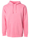 Front of a pastel pink pullover hoodie with a kangaroo pocket.