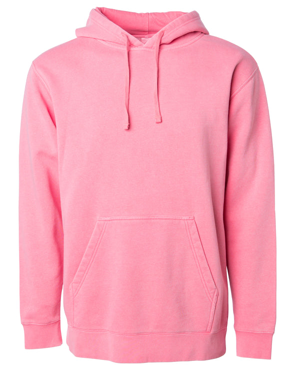 Front of a pastel pink pullover hoodie with a kangaroo pocket.