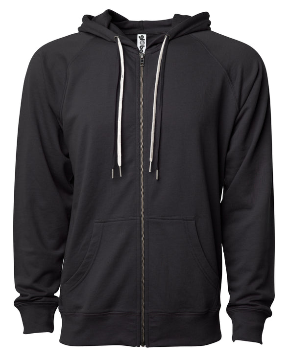 Front of a black french terry zip-up hoodie with a kangaroo pocket and two drawstrings.