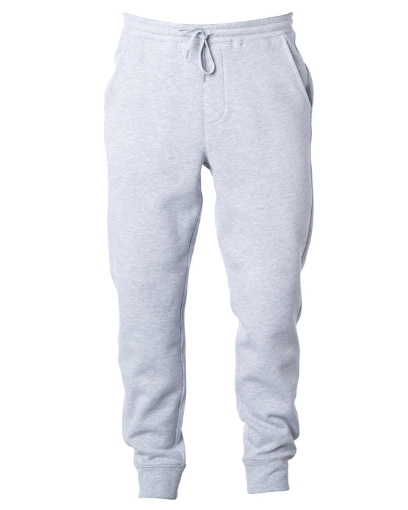 Front of heather gray sweatpants with black drawstring waistband and cuffed ankles.