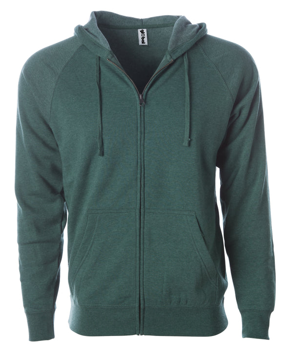 Front of a green fleece zip-up hoodie with front pockets and a drawstring.
