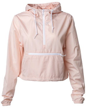 Front of a pink crop top windbreaker hoodie with a front zipper pouch. The windbreaker has white zippers and drawstrings.