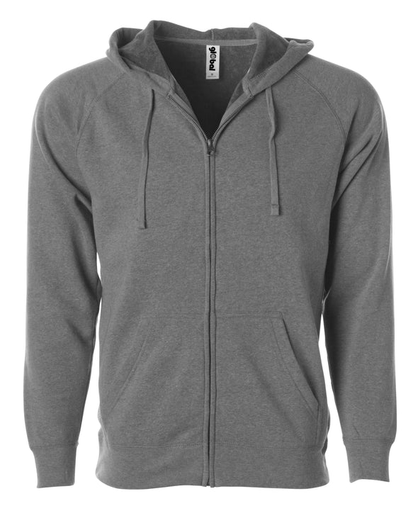 Front of a light gray fleece zip-up hoodie with front pockets and a drawstring.