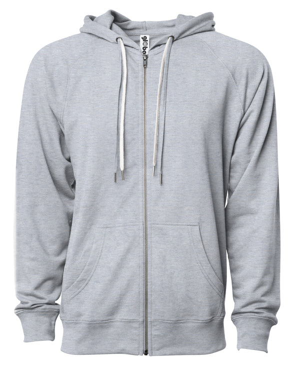 Front of a light gray french terry zip-up hoodie with a kangaroo pocket and two drawstrings.
