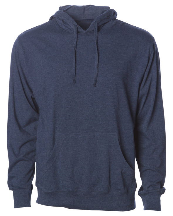 Front of a navy long sleeve t-shirt jersey hoodie with a matching drawstring and kangaroo pocket.