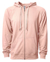 Front of a pink french terry zip-up hoodie with a kangaroo pocket and two drawstrings.