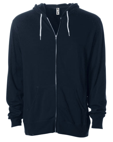 Front of a navy blue zip-up fleece hoodie with front pockets and a white drawstring.