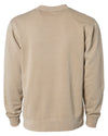 Back of a tan crew neck sweatshirt.