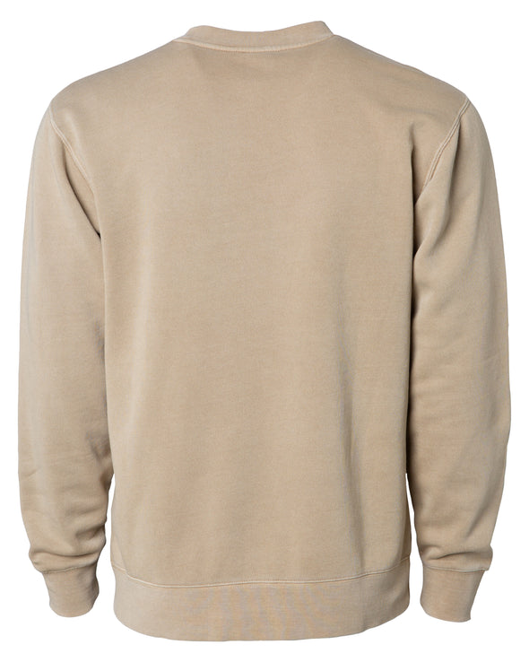 Back of a tan crew neck sweatshirt.