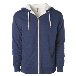 Front of a navy blue zip up sherpa lined hoodie with two drawstrings.