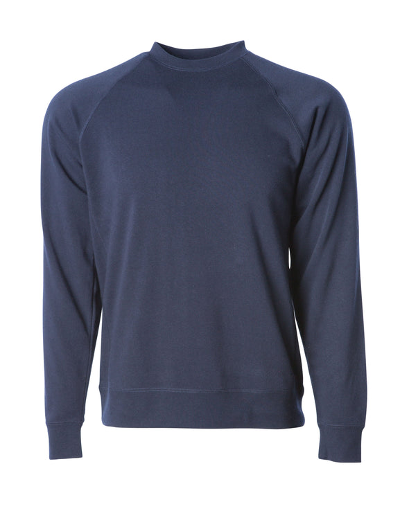 Front of a navy fleece long sleeve crew neck sweater.