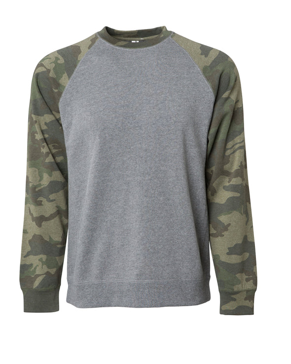 Front of a gray fleece crew neck sweater with green camouflage raglan sleeves..