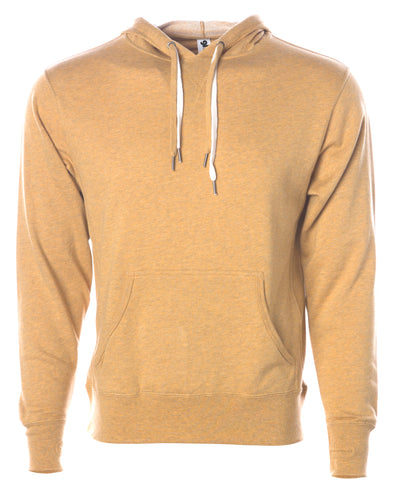 Front of golden yellow french terry pullover hoodie with a kangaroo pocket, two drawstrings, and thumbholes.