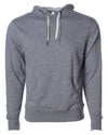Front of gray french terry pullover hoodie with a kangaroo pocket, two drawstrings, and thumbholes.