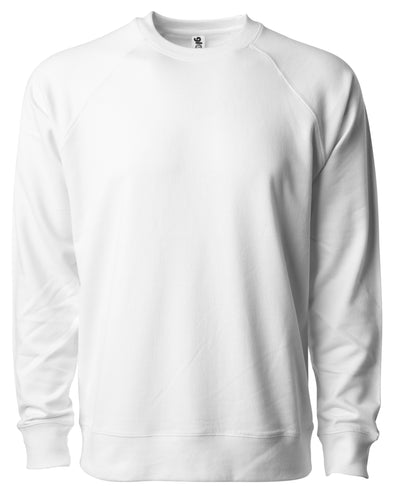 Front of a white french terry long sleeve crew neck sweater.