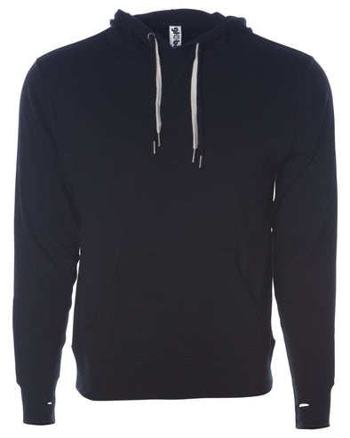 Front of black french terry pullover hoodie with a kangaroo pocket, two drawstrings, and thumbholes.
