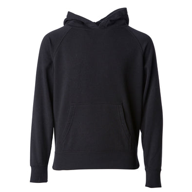 Front of a black children's pullover hoodie with a kangaroo pocket.