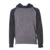 Front of a gray children's pullover hoodie with a kangaroo pocket, black sleeves and hood.