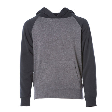 Front of a gray children's pullover hoodie with a kangaroo pocket, black sleeves and hood.