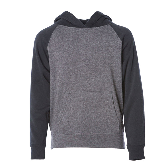 Front of a gray children's pullover hoodie with a kangaroo pocket, black sleeves and hood.