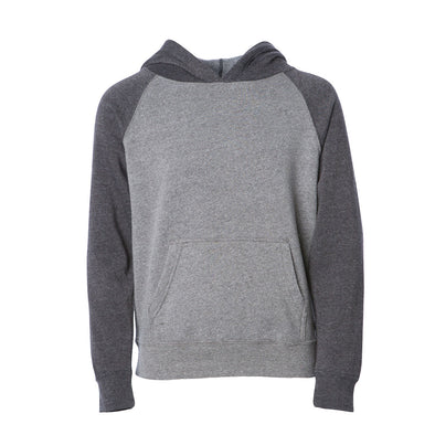 Front of a light gray children's pullover hoodie with a kangaroo pocket and dark gray sleeves and hood.