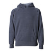 Front of a midnight blue children's pullover hoodie with a kangaroo pocket.