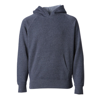 Front of a midnight blue children's pullover hoodie with a kangaroo pocket.