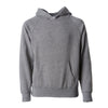Front of a light gray children's pullover hoodie with a kangaroo pocket.