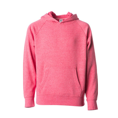Front of a pomegranate pink children's pullover hoodie with a kangaroo pocket.