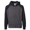 Front of a gray children's zip-up hoodie with a kangaroo pocket and black sleeves and hood.