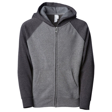 Front of a light gray children's zip-up hoodie with a kangaroo pocket and dark gray sleeves and hood.