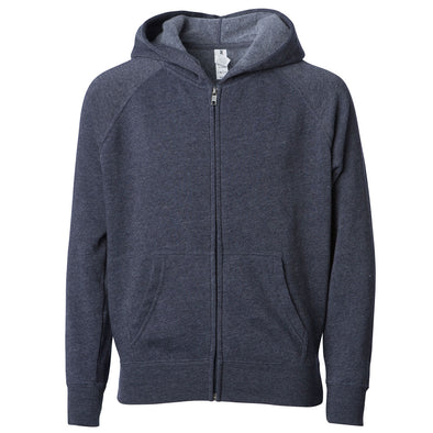 Front of a midnight blue children's zip-up hoodie with a kangaroo pocket.