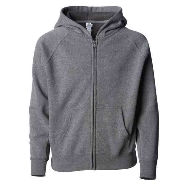Front of a gray children's zip-up hoodie with a kangaroo pocket.