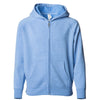 Front of a sky blue children's zip-up hoodie with a kangaroo pocket.